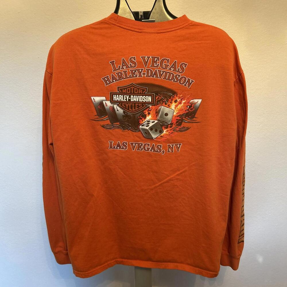 HARLEY DAVIDSON Tee Long Sleeve Orange XL Las Vegas Nevada  Dice Aces Cards READ
